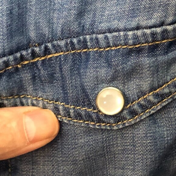 H&M Mama Maternity Denim Shirt Dress Womens Medium Pearl Snaps 3/4 Sleeve Boho - Picture 6 of 11